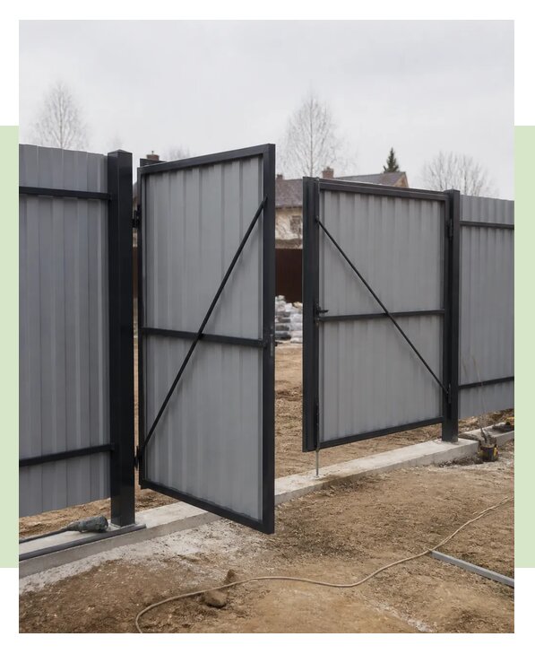 Забор из профнастила с распашными воротами под ключ в Чапаевске